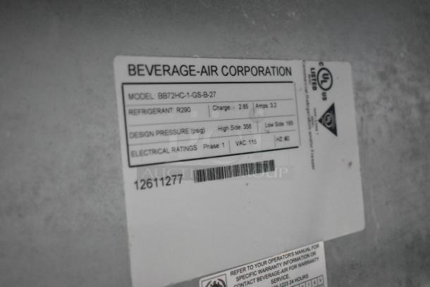 Beverage Air BB72HC-1-GS-B-27 label. Details: 115V, 1 phase, refrigerant R290, design pressure high 356, low 165. Model info shown.