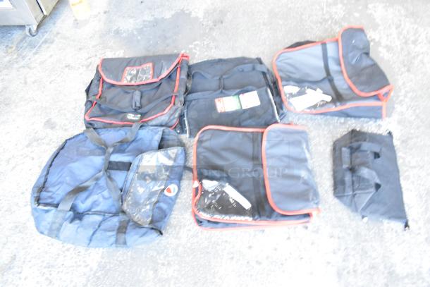 Seven hot food carrying bags, various sizes, black with red trim, good condition, some with clear window pockets.
