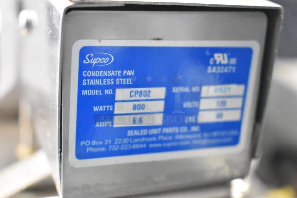 Supco CP802 Metal Condensate Pan, 120 Volts, 1 Phase. Features model number, watts, and amps on label.