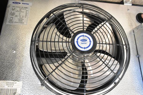 2018 Carrier CUR008ELBXE1SP metal evaporator fan, excellent condition, features label with model details, serial no. 8063082142.