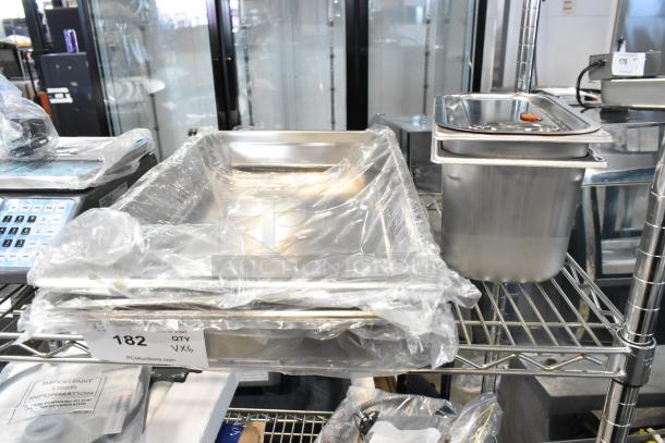 6 brand new scratch and dent stainless steel steam table pans, including Choice 4070029 and Vigor 24713622 models.