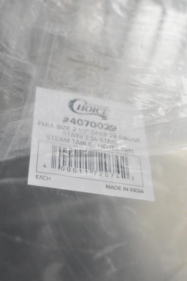Label on stainless steel pan showing "Choice" brand, model #4070029, full size, 2 1/2" deep, and made in India.
