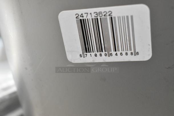 Barcode on stainless steel steam table pan, labeled "24713622." Part of a set of 6 new scratch and dent items.
