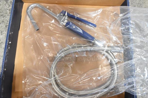 Brand new Waterloo 750PKFH68 pot and glass filler assembly, stainless steel hose, minor scratches, plastic packaging.