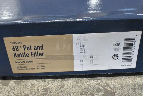 Waterloo 750PKFH68 Pot and Glass Filler Assembly in box. Features 68" flexible stainless steel hose, 1/2" male NPT inlet. Made in Taiwan. NSF certified.