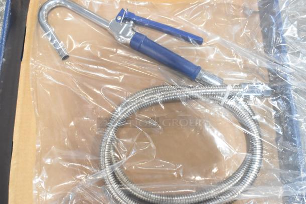 Brand new Waterloo 750PKFH68 pot and glass filler with minor scratches, flexible stainless hose, and blue handle in packaging.