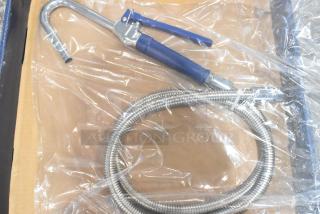 Brand new Waterloo 750PKFH68 pot and glass filler with minor scratches, flexible stainless hose, and blue handle in packaging.