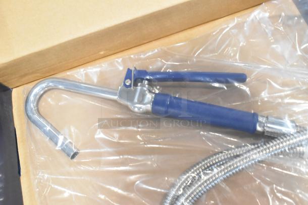 Brand new Waterloo 750PKFH68 pot and glass filler assembly, blue handle, chrome finish, in packaging, some scratches.