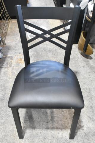 4 BRAND NEW SCRATCH AND DENT! Lancaster Table & Seating Black Metal Cross Back Dining Height Chair w/ Black Seat Cushion. 4 Times Your Bid! - Item #1205146