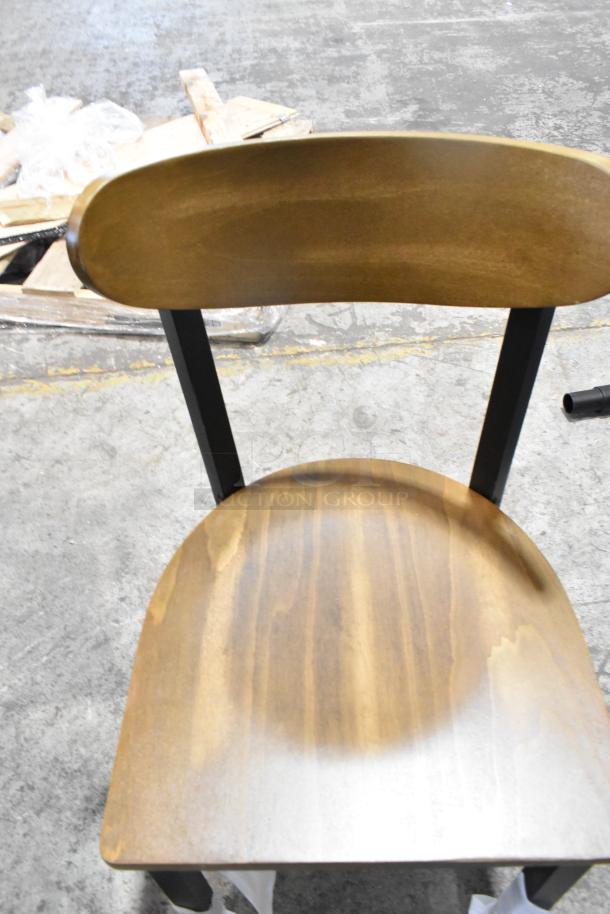 Brand new Lancaster dining chair, black metal frame with wooden backrest and seat, slight scratches, set of 8.