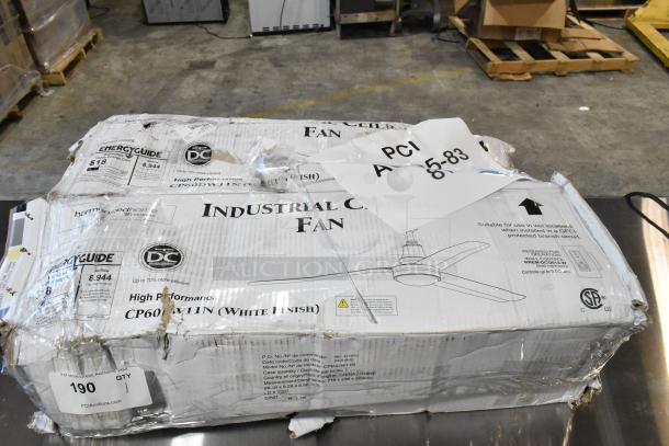 BRAND NEW SCRATCH AND DENT Canarm 60" white ceiling fan CP60DW11N, 8944 CFM, 120V, 1 phase, in original damaged box.