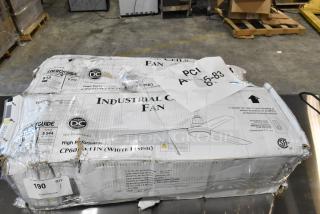 BRAND NEW SCRATCH AND DENT Canarm 60" white ceiling fan CP60DW11N, 8944 CFM, 120V, 1 phase, in original damaged box.