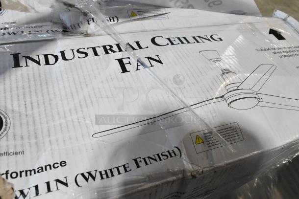 Brand new Canarm 60" white ceiling fan, model CP60DW11N, 8944 CFM, 120V, 1 phase, box shows minor damage.