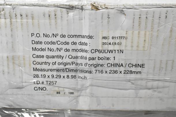 Box with label showing details for Canarm 60" White Ceiling Fan, Model CP60DW11N, 8944 CFM, 120V, made in China.