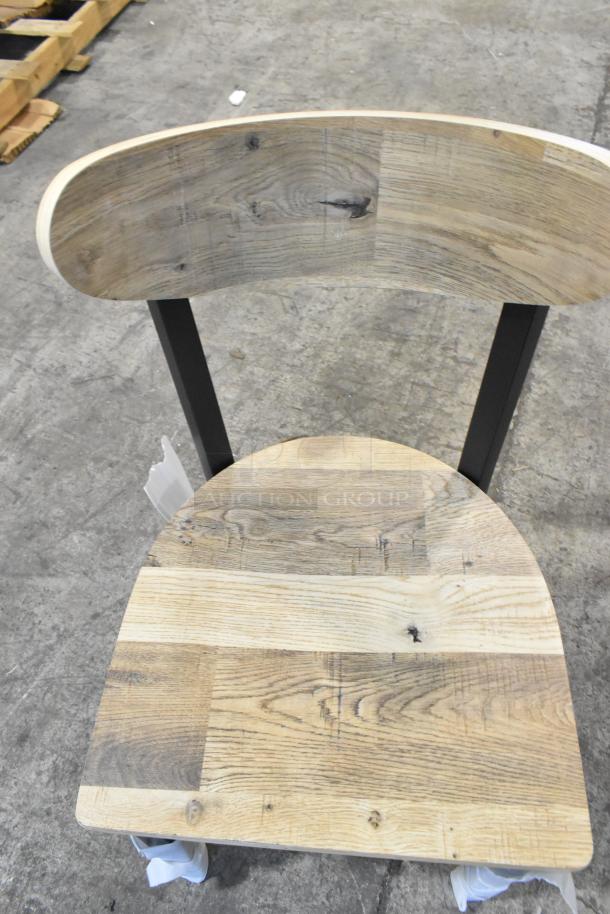 Brand new Lancaster Table & Seating chair; black metal frame, wooden backrest and seat; dining and bar height options.