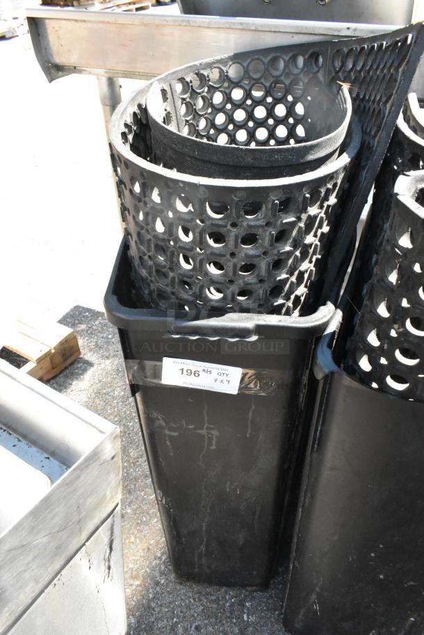 Two black anti-fatigue floor mats and two black Poly Slim Jim trash cans, stacked. Marked "196 A/S, Qty x4."