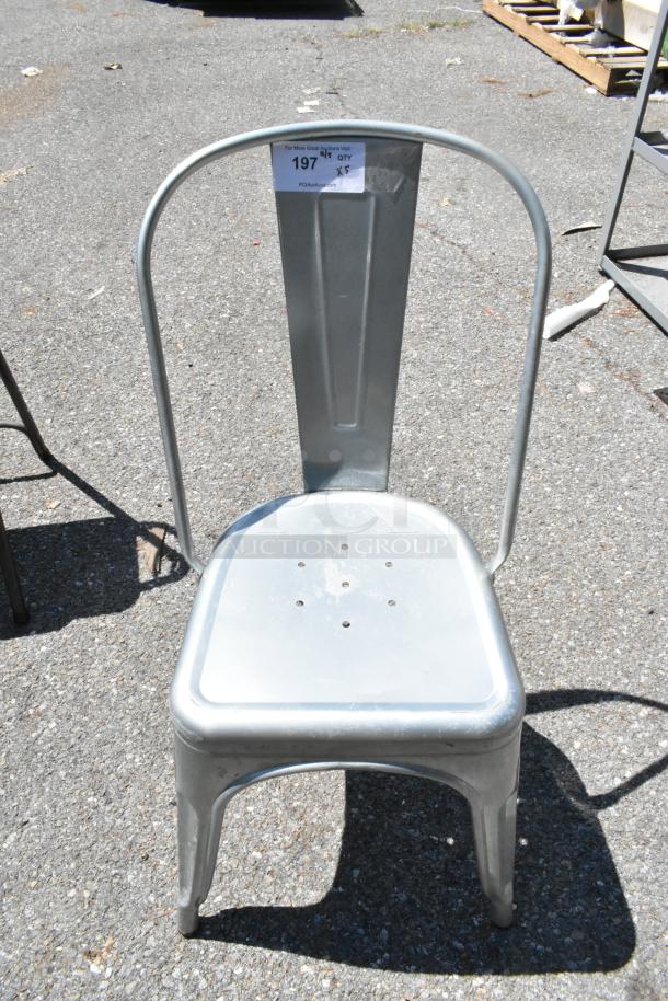 Metal Tolix style dining height chair, silver finish, sturdy metal construction, minor surface wear, auction tag "197 qty x5".