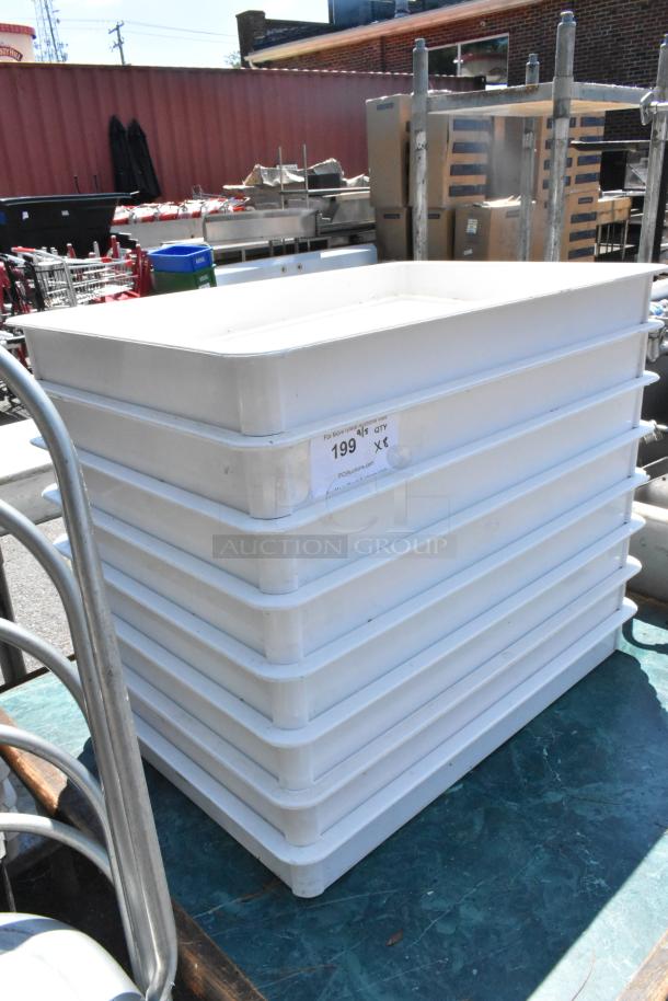 Stack of 8 white poly dough bins in good condition, labeled with item number 199. Suitable for food storage.