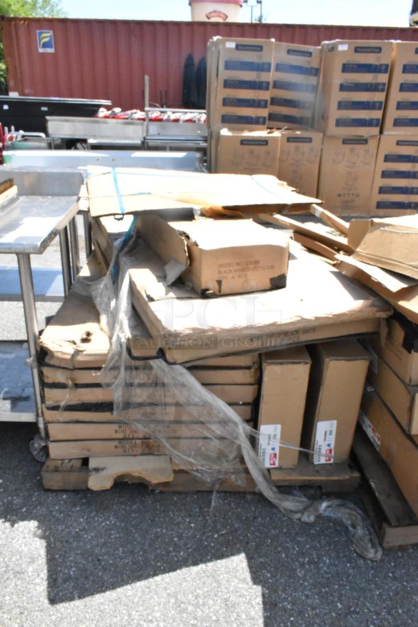 Boxes of scratch and dent wire shelves, including 1236BK 12x36, 3072BK 30x72, Metro 1830NC. 12 times your bid.