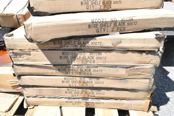12 new scratch and dent boxes of wire shelves, models 1236BK and 3072BK, visible labels, stacked on pallets.