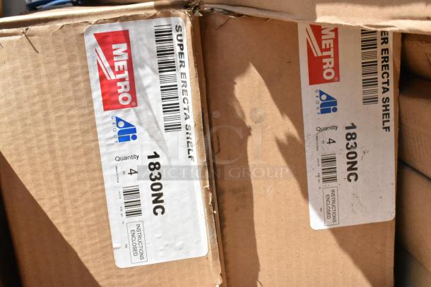 12 new Metro wire shelf boxes including 1236BK 12x36, 3072BK 30x72, and 1830NC models. Labels: "Super Erecta Shelf."