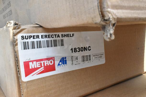 Cardboard box labeled "Super Erecta Shelf 1830NC" by Metro, indicating new condition with enclosed instructions.
