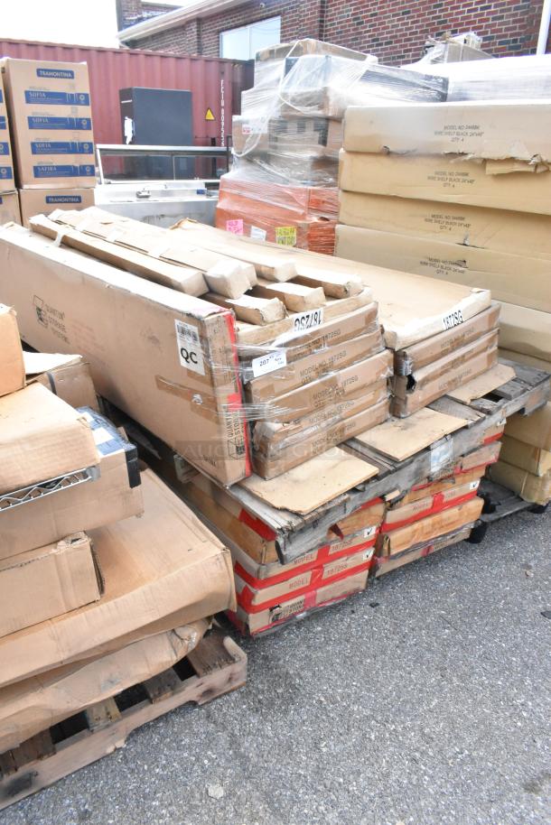 40 brand new scratch and dent boxes with 1872SG 18x72 wire shelves, P52GY poles, and 1872SS 18x72 shelves.