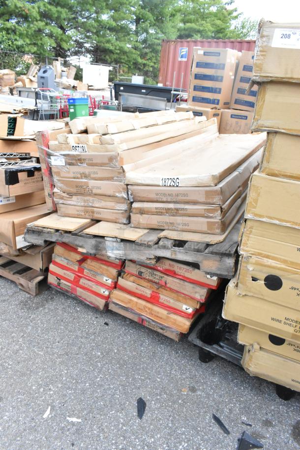 40 brand new scratch and dent boxes of 1872SG wire shelves, P52GY poles, 1872SS shelves on pallets.