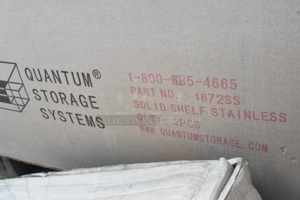 40 Quantum Storage Systems boxes, brand new scratch and dent. Includes 1872SG 18x72 wire shelves, P52GY poles, 1872SS shelves.