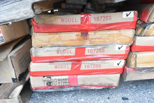 40 scratch and dent boxes containing 1872SG 18x72 wire shelves and 1872SS shelves, marked Model 1872SS, new condition.