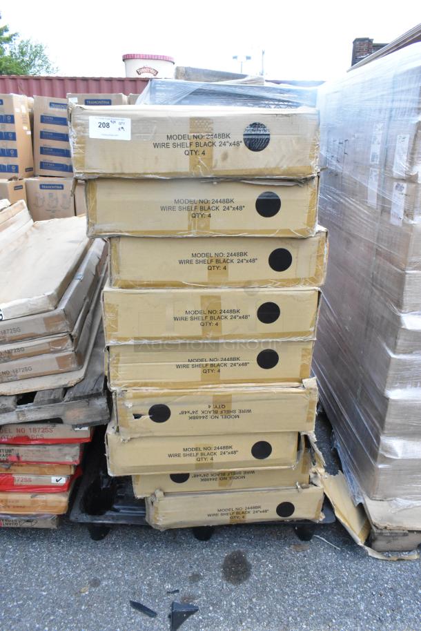 Nine boxes of new Quantum 2448BK black wire shelves, model 2448BK, each containing four 24"x48" shelves.