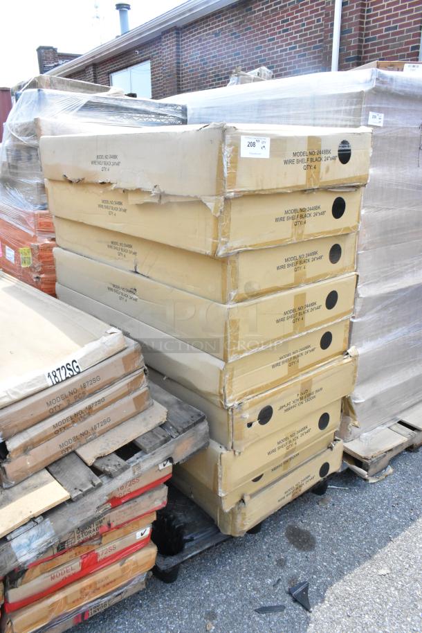 9 boxes of Quantum 2448BK black wire shelves, model 2448BK, each containing 4 shelves, stacked on pallets. Boxes show minor wear.