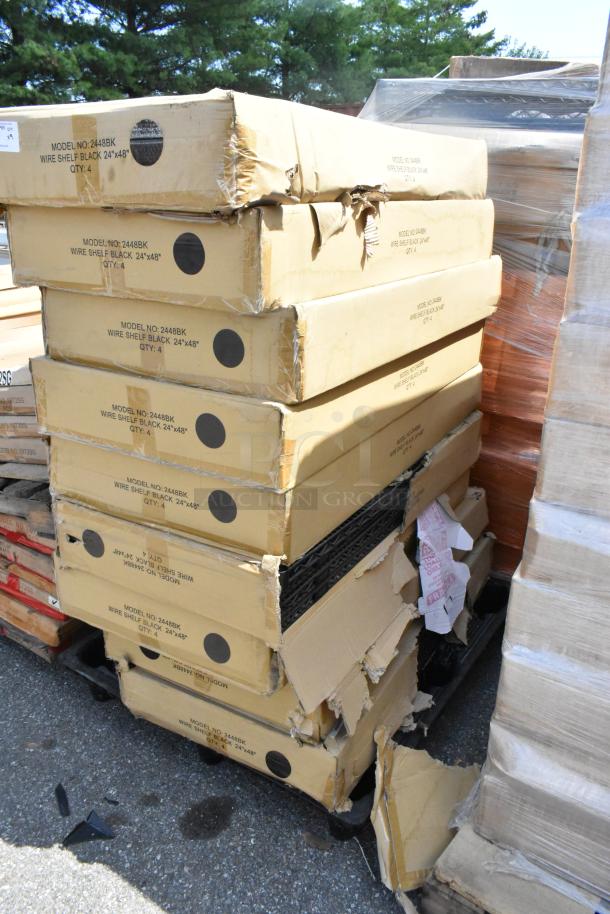 9 boxes of Quantum 2448BK black wire shelves, model number 2448BK, 24"x48", scratch and dent condition, quantity 4 per box.