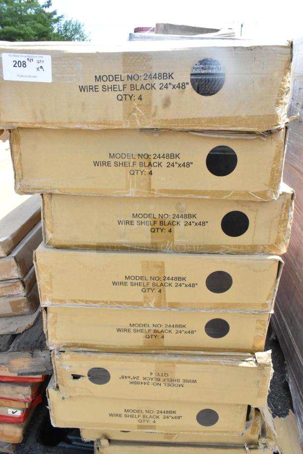 Nine boxes of Quantum 2448BK black wire shelves, each 24x48 inches, new scratch and dent, model 2448BK, quantity 4 per box.