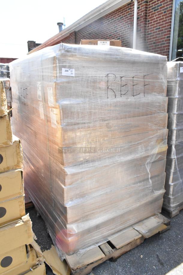 Pallet of 32 wrapped boxes marked "REEF," containing 2448GY wire shelves, P74GY shelf poles, and W-PLBEA/W-PLIEA post levelers.