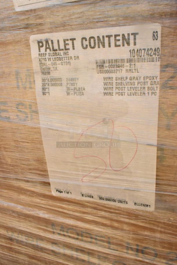 Pallet label showing contents, including 2448GY wire shelves, P74GY shelf poles, and post levelers. Scratch and dent condition.
