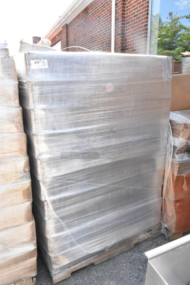 Pallet of 30 new Quantum Storage 2448BK 24x48 black wire shelves, shrink-wrapped, labeled "210 A+ Qty" for auction.