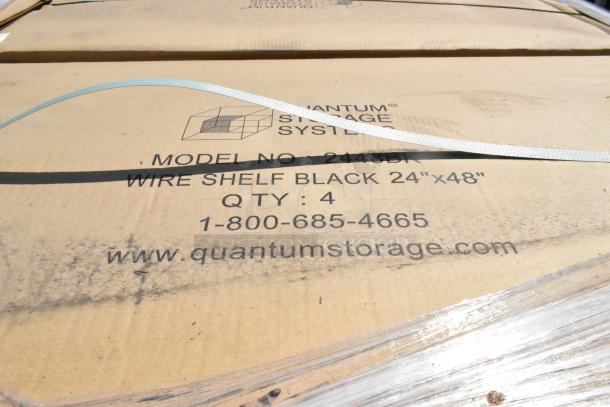 Cardboard box labeled "Quantum Storage Systems, Model No. 2448BK, Wire Shelf Black 24x48," showing signs of wear.