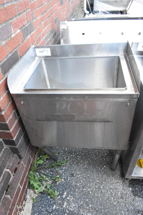 EUBIB-2418CP stainless steel ice bin with cold plate, industrial-grade, slightly worn, with visible product label.