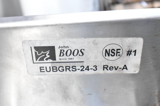John Boos EUBGRS-24-3 stainless steel drain board, NSF certified, featuring durable build, labeled with model and certification details.
