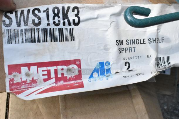 Metro SWS18K3 green wire shelf, labeled "SW Single Shelf SPRT," quantity 2, made in Mexico. Brand new, scratch and dent condition.