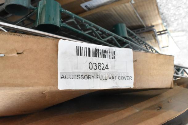 Pallet lot including brand new green wire Metro SWS18K3 shelf. Scratch and dent condition. Box marked "03624 ACCESSORY-FULL VAT COVER."