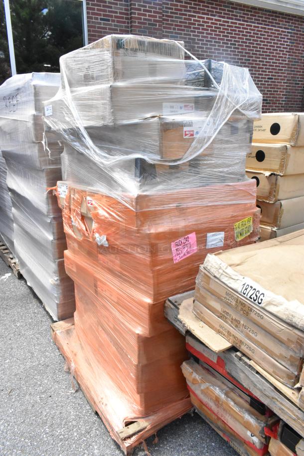 22 brand new scratch and dent items on pallets, includes Metro CC8197A, Metro 1830NC shelf, and 1236BK black wire shelves.