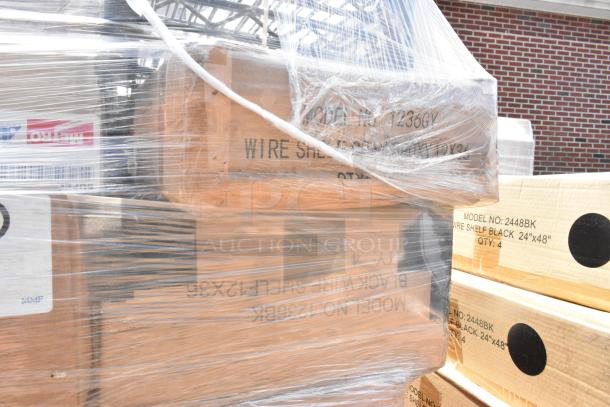 22 new scratch-and-dent items, including Metro CC8197A, 1830NC shelf, and 1236BK black wire shelves, wrapped and labeled.