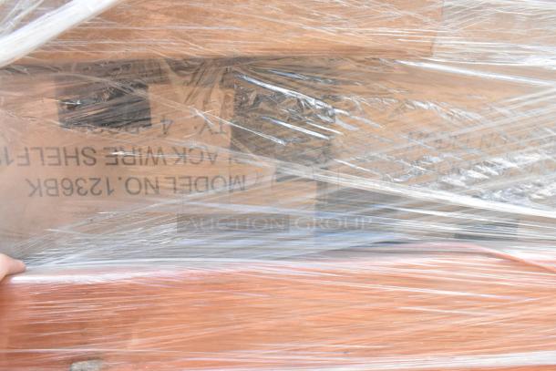 22 brand new scratch and dent items, including Metro CC8197A, Metro 1830NC Shelf, 1236BK Black Wire Shelves, wrapped in plastic.