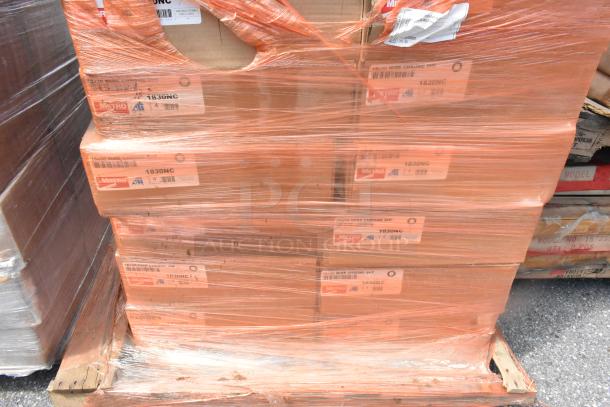 22 new scratch and dent items, including Metro CC8197A and Metro 1830NC shelves, wrapped in orange plastic.