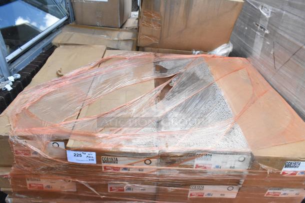 28 boxes of Metro CC8197A shelves, brand new, scratch and dent, wrapped in plastic. Tags indicate auction quantity multiplier.