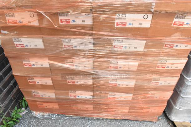 28 brand new scratch and dent Metro CC8197A shelving boxes, wrapped and labeled, four shelves per box.