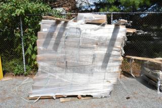 Pallet of 42 new scratch and dent items, including 2448GY 24x48 wire shelves and P74GY poles, wrapped in plastic.