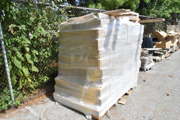 Pallet of 42 brand new scratch and dent items, including 2448GY 24x48 wire shelves, P74GY poles, wrapped in plastic.